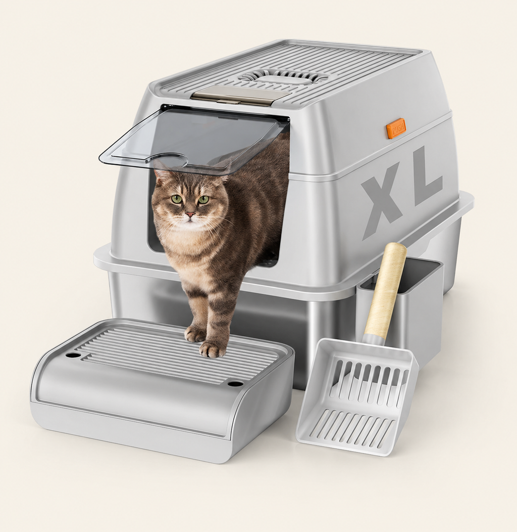 Litière en inox pour chat STEELCAT, bac complet avec couvercle