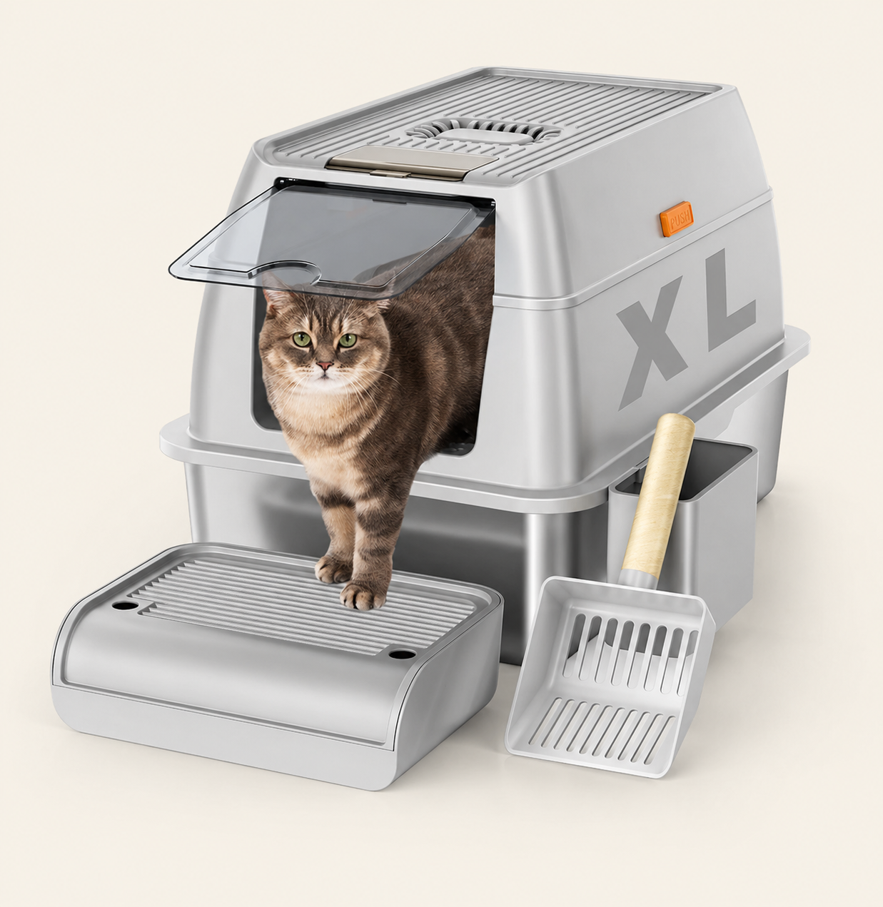 Litière en inox pour chat STEELCAT, bac complet avec couvercle